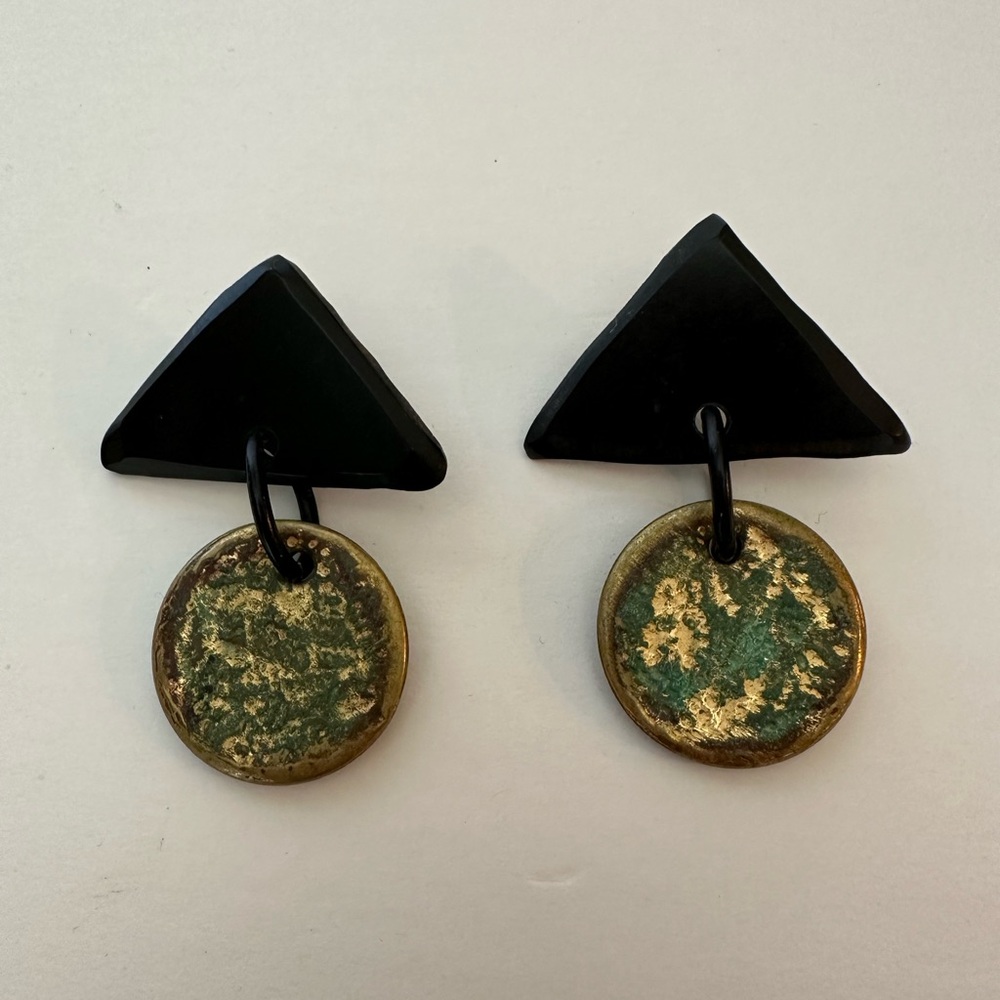Vintage Saks 80s Geometric Black and Gold Dangle Earrings